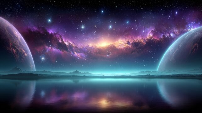 Vast alien planet landscape reflecting a bright cosmic nebula and starry sky over a tranquil extraterrestrial ocean