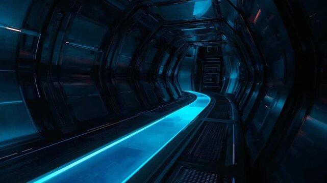 Pulsing from power, cyan walkway running through ship corridor, guiding view toward sealed hatch