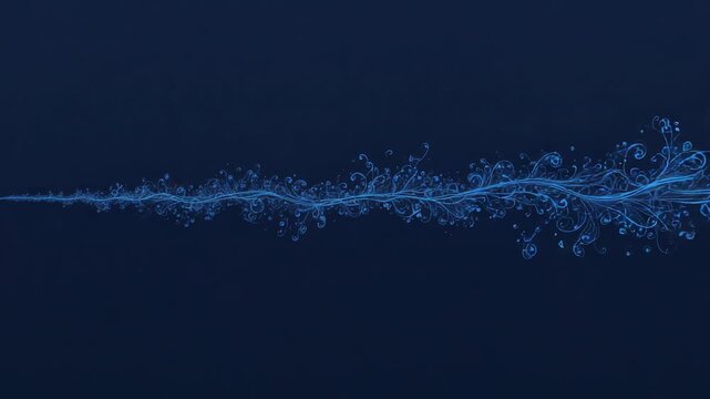 Loop starting, blue filament pulsing and waving across navy canvas, emitting particles for ornament
