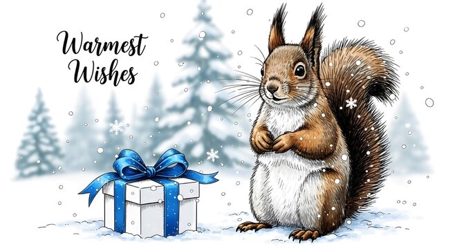 Squirrel standing beside gift box in snowy winter landscape  