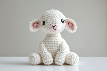 Cute Handmade Crochet Toy of a Lamb with Black Eyes and Pink Ears