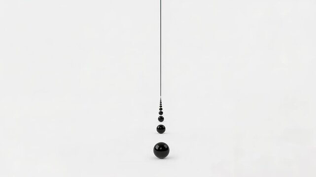 Panning camera showing glossy black spheres receding in white studio, to reveal thin black rod