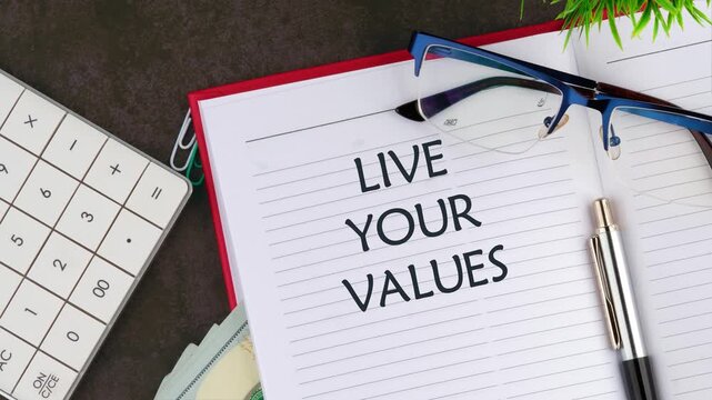 The appearance and animation of a conceptual phrase, the text of LIVE YOUR VALUES. Business, psychological and live your values concept