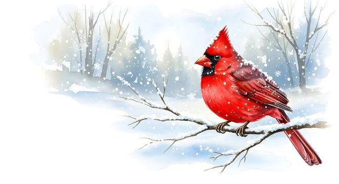 Red cardinal perched in a snowy winter forest, winter background, copy space