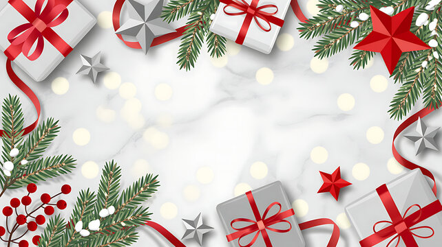 Christmas holiday frame with gifts, ribbons, and fir branches