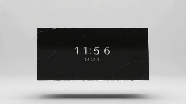 Appearing black floating panel with textured edges scaling up in studio, updating time to 11:56