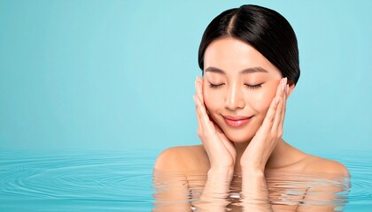 【スキンケア】化粧品で肌の保湿をする美容モデル：潤い