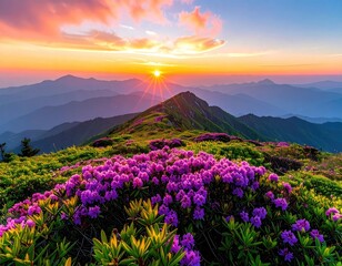 Mountain peak blooms as sun rises above layered hills