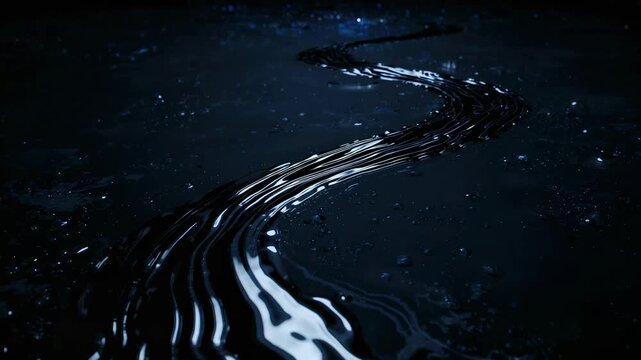 Flowing black ribbon pulled by gravity across dark textured surface, with highlights and droplets
