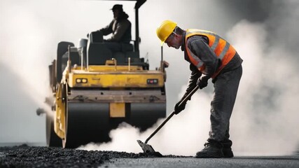 A young man shoveling hot asphalt on a road, with steam rising and a road roller in the background, showcasing the intense heat of the sun and the work environment.