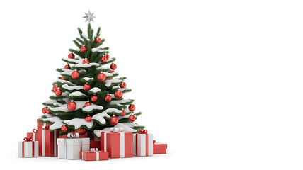 Snow-covered christmas tree, red ornaments, silver star, gifts