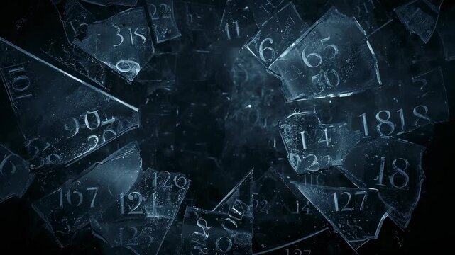 Bursting circular disc etched with numbers cracking and ejecting shards into dark void from pulse