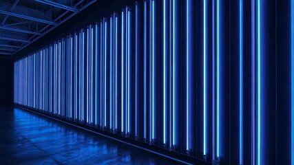 Tracking camera moving along blue LED tube wall at exhibition showing depth and casting reflections - Powered by Adobe