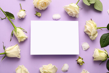 Blank card with beautiful white roses on purple background