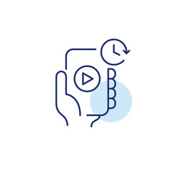 Play button on phone and clock. Timed media access, scheduled video content, watching videos within a set timeframe. Pixel perfect, editable stroke vector icon