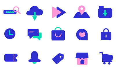 Colorful flat ecommerce icon set with shopping bag, cart, tag, store and communication elements conveying friendly modern interface