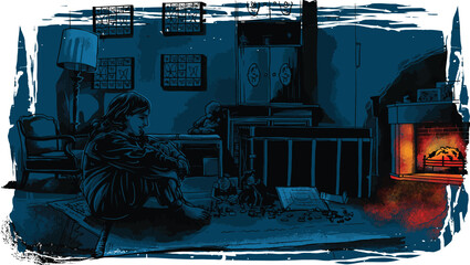 Cozy Winter Night Fireplace T-Shirt Design Cozy Home Scene