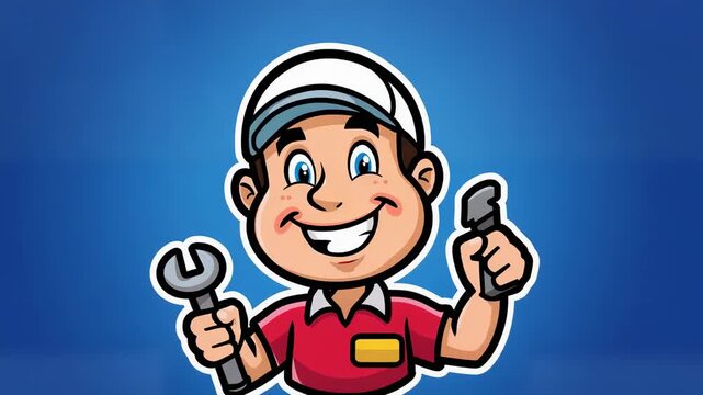 Playing mechanic logo scaling, shifting for reveal on blue gradient holding wrenches in red shirt