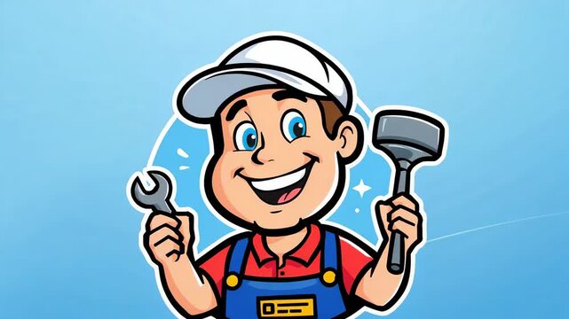 Starting zoom mascot in overalls moving closer in blue backdrop holding wrench and plunger branding