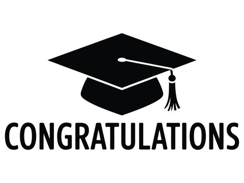 Graduation cap with congratulations text design, black and white graphic featuring a graduation cap and bold congratulations text, symbolizing academic achievement, success, celebration, educational m - Powered by Adobe