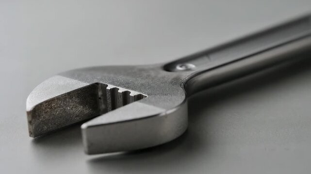 Capturing camera autofocus shifting focus on grey tabletop, highlighting adjustable open-end wrench