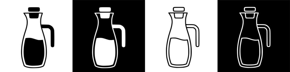 Four variations of oil or liquid dispenser with handle and lid, presented on black and white backgrounds