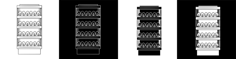 Four variations of a display shelf with multiple levels, presented in black and white contrast