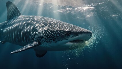 Naklejka premium Majestic Whale Shark Swimming Gracefully Underwater with Sun Rays.
