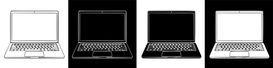 Four variations of laptop computer in contrasting black and white representations for design or technical illustration needs
