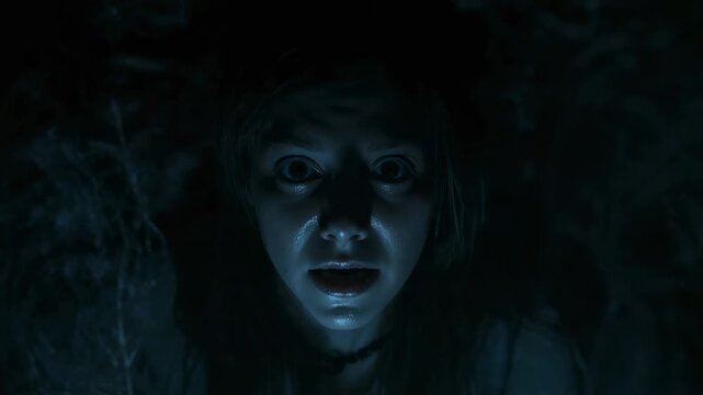 Reacting, woman widening eyes, breathing toward rising bluish light in narrow pit, choker and roots