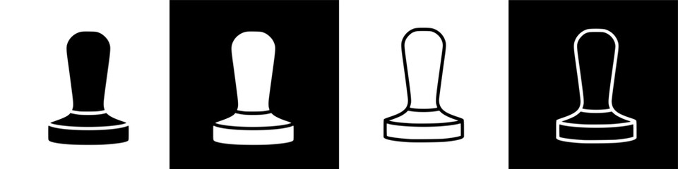 Four variations of a coffee tamper icon set, a barista utensil for espresso making, shown in solid fill and outline styles on black and white