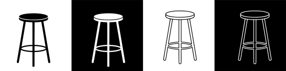 Four variations of modern bar stool vector icons, showcasing diverse graphic styles and minimalist design for contemporary interior elements