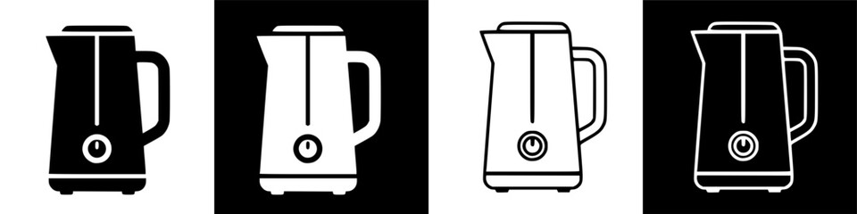 Four variations of sleek electric kettle icons, presented in a crisp black and white template, perfect for kitchen appliance representation and versatile graphic elements