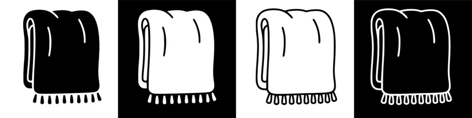 Four variations of a cozy fringed throw blanket icon, presented in both solid glyph and simple line art styles for versatile design use