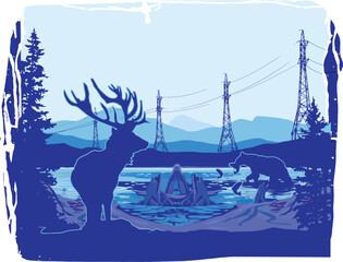 Wilderness Clash Elk Bear Power Line T-Shirt Graphic Vector