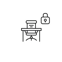 Work desk, chair and lock. Secure business, private employee information. Pixel perfect, editable stroke vector icon
