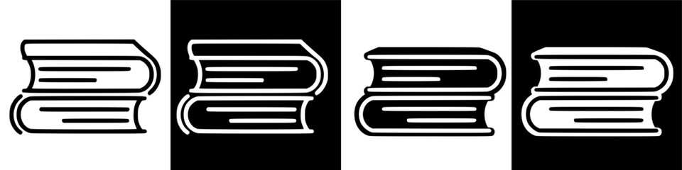 Four variations of stacked books icon in black and white illustrating knowledge and learning