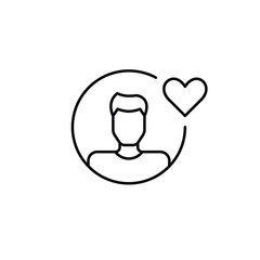 Man avatar and heart. Customer support online, trusted remote user care, user focused services. Pixel perfect, editable stroke vector icon