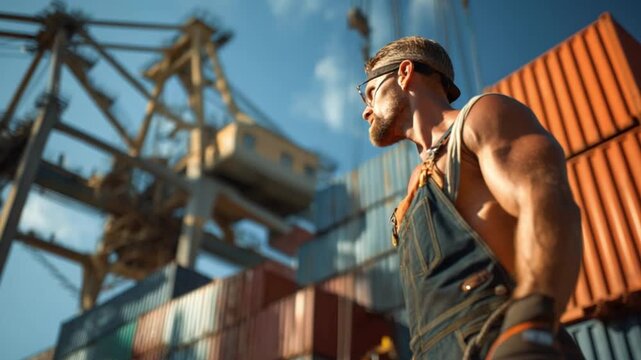 A rugged handsome male dock worker seen securing a shipping container with a twist lock in a bustling port setting, featuring a giant crane in the background.