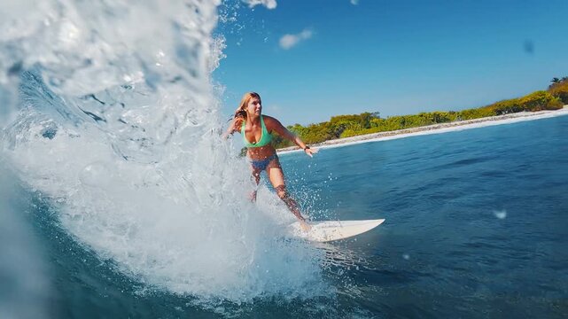 Female surfer rides the wave in the ocean in the Maldives. Set of clips with different speed and speed warp effects