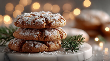 Stack of Christmas cookies with powdered sugar and festive bokeh lights