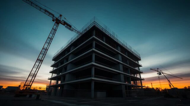 Sunset bathing concrete building at construction site, clouds streaking and cranes idling
