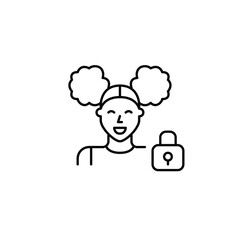 Young woman and lock. Secure user data, protected connection. Pixel perfect, editable stroke vector icon