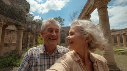 Taking selfie woman extending phone, senior couple laughing at columns, plaid shirt capturing trip