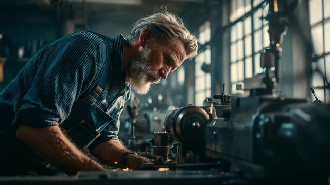 A skilled senior male machinist meticulously adjusts precision lathes inside a busy industrial workshop during morning work hours, showcasing expertise in metalworking and machining processes.