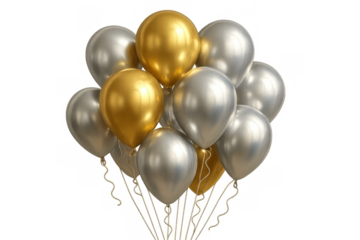 Metallic gold and silver balloons rising, creating a cheerful atmosphere for celebration, party, new year, and wedding events