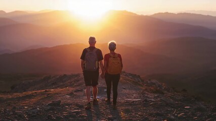 Sun drawing senior couple walking hand-in-hand on rocky ridge, wearing hiking clothes and packs - Powered by Adobe