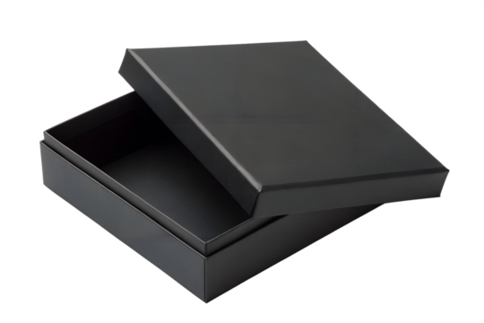 A sleek black open box with its lid partially removed, serving as a versatile packaging mockup for gifts or product presentation, shown against a pure white background