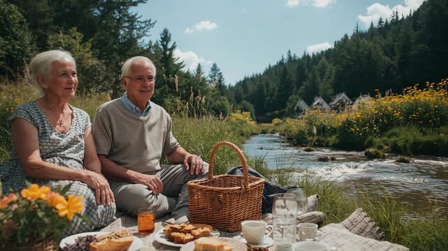 Noticing ripples, senior couple in patterned dress and sweater gazing on riverbank with teapot