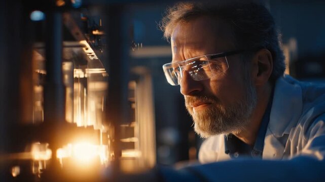 A senior male metallurgy specialist meticulously inspecting alloy samples in a research furnace lab during the late afternoon, showcasing the intersection of technology and expert craftsmanship in met